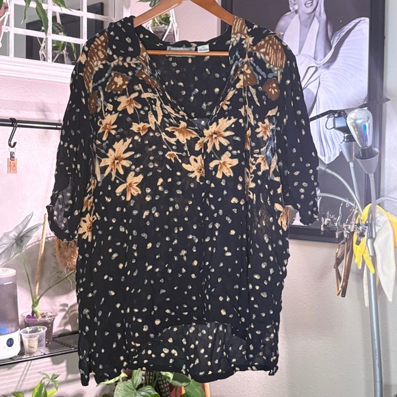 Jane Ashley Woman Black Floral Print Rayon Blouse Top 3X 3XL Short Sleeve - Picture 1 of 9